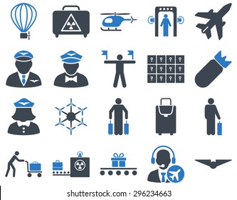 Airport Icon Set. These flat bicolor icons use smooth blue colors. Vector images are isolated on a white background.