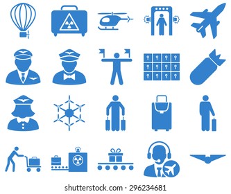 Airport Icon Set. These flat icons use cobalt color. Vector images are isolated on a white background.