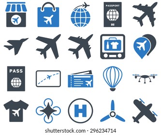 Airport Icon Set. These flat bicolor icons use smooth blue colors. Vector images are isolated on a white background.