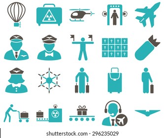 Airport Icon Set. These flat bicolor icons use grey and cyan colors. Vector images are isolated on a white background.
