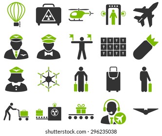 Airport Icon Set. These flat bicolor icons use eco green and gray colors. Vector images are isolated on a white background.