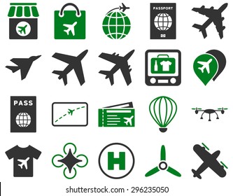 Airport Icon Set. These flat bicolor icons use green and gray colors. Vector images are isolated on a white background.