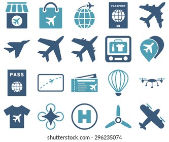 Airport Icon Set. These flat bicolor icons use cyan and blue colors. Vector images are isolated on a white background.