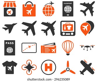 Airport Icon Set. These flat bicolor icons use orange and gray colors. Vector images are isolated on a white background.