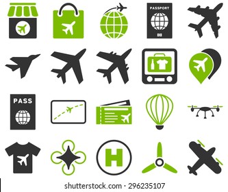 Airport Icon Set. These flat bicolor icons use eco green and gray colors. Vector images are isolated on a white background.