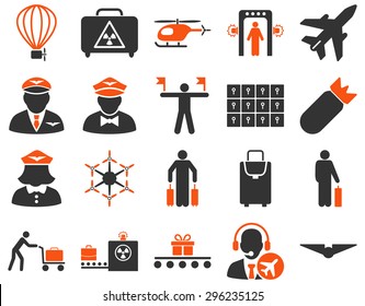 Airport Icon Set. These flat bicolor icons use orange and gray colors. Vector images are isolated on a white background.