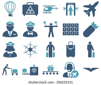 Airport Icon Set. These flat bicolor icons use cyan and blue colors. Vector images are isolated on a white background.
