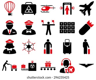 Airport Icon Set. These flat bicolor icons use intensive red and black colors. Vector images are isolated on a white background.