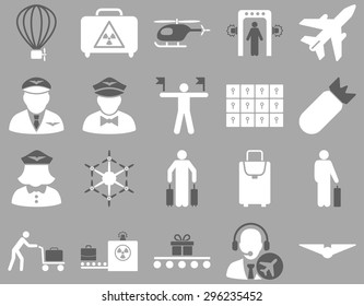 Airport Icon Set. These flat bicolor icons use dark gray and white colors. Vector images are isolated on a silver background.
