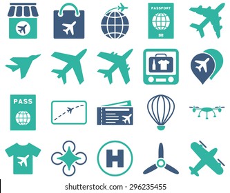 Airport Icon Set. These flat bicolor icons use cobalt and cyan colors. Vector images are isolated on a white background.