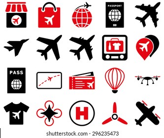 Airport Icon Set. These flat bicolor icons use intensive red and black colors. Vector images are isolated on a white background.