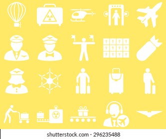 Airport Icon Set. These flat icons use white color. Vector images are isolated on a yellow background.