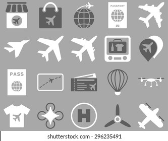 Airport Icon Set. These flat bicolor icons use dark gray and white colors. Vector images are isolated on a silver background.