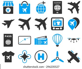 Airport Icon Set. These flat bicolor icons use blue and gray colors. Vector images are isolated on a white background.