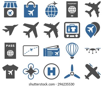 Airport Icon Set. These flat bicolor icons use cobalt and gray colors. Vector images are isolated on a white background.