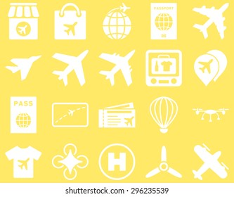 Airport Icon Set. These flat icons use white color. Vector images are isolated on a yellow background.