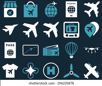 Airport Icon Set. These flat bicolor icons use blue and white colors. Vector images are isolated on a dark blue background.