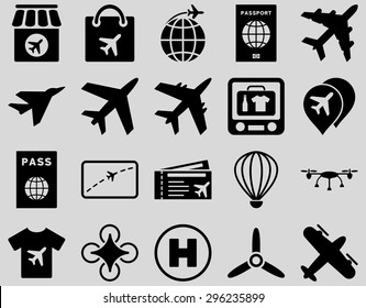 Airport Icon Set. These flat icons use black color. Vector images are isolated on a light gray background.