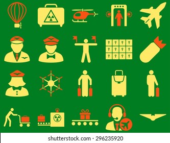 Airport Icon Set. These flat bicolor icons use orange and yellow colors. Vector images are isolated on a green background.