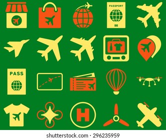 Airport Icon Set. These flat bicolor icons use orange and yellow colors. Vector images are isolated on a green background.