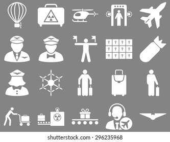 Airport Icon Set. These flat icons use white color. Vector images are isolated on a gray background.