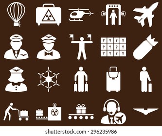 Airport Icon Set. These flat icons use white color. Vector images are isolated on a brown background.