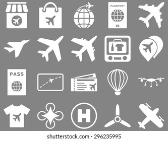 Airport Icon Set. These flat icons use white color. Vector images are isolated on a gray background.