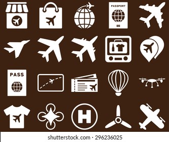 Airport Icon Set. These flat icons use white color. Vector images are isolated on a brown background.