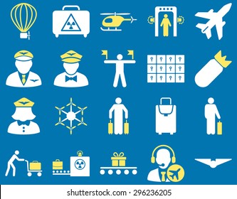 Airport Icon Set. These flat bicolor icons use yellow and white colors. Vector images are isolated on a blue background.