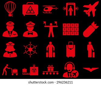 Airport Icon Set. These flat icons use red color. Vector images are isolated on a black background.