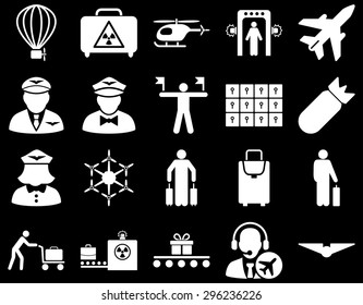 Airport Icon Set. These flat icons use white color. Vector images are isolated on a black background.