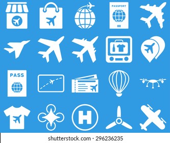 Airport Icon Set. These flat icons use white color. Vector images are isolated on a blue background.