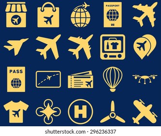 Airport Icon Set. These flat icons use yellow color. Vector images are isolated on a blue background.