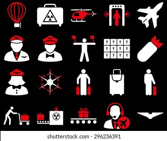 Airport Icon Set. These flat bicolor icons use red and white colors. Vector images are isolated on a black background.