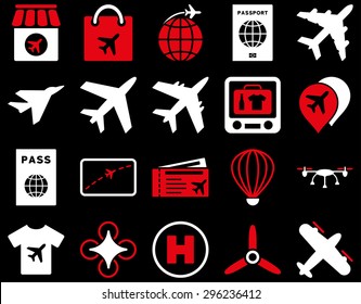 Airport Icon Set. These flat bicolor icons use red and white colors. Vector images are isolated on a black background.