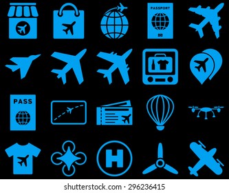 Airport Icon Set. These flat icons use blue color. Vector images are isolated on a black background.