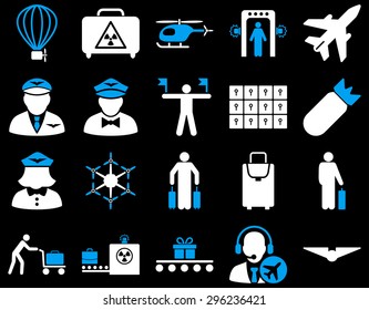 Airport Icon Set. These flat bicolor icons use blue and white colors. Vector images are isolated on a black background.