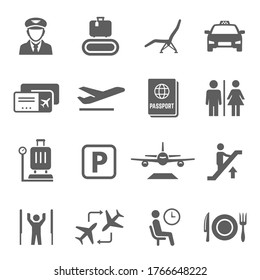 Airport icon set, travel by airplane and transportation. Maintenance of civil aircraft, with facilities for passengers. Vector line airport illustration isolated on white background