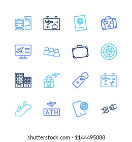 Airport icon set and travel passport with military radar, airport late and airport queue. Panel related airport icon vector for web UI logo design.