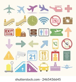 Airport icon set. Universal airport and air travel icons. Vector illustration. Simple airport icons set. Use for web and mobile UI, set of basic UI airport elements