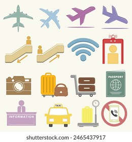 Airport icon set. Universal airport and air travel icons. Vector illustration. Simple airport icons set. Use for web and mobile UI, set of basic UI airport elements