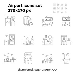 Airport icon set vector. Boarding gate, receipt of baggage are shown. Arrivals, departure areas. Customs, security control working. Reception and passenger check-in. Duty-free bag and lounge zone