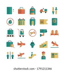 Icono del aeropuerto conjunto de vector plano para sitio web, aplicación móvil, presentación, medios sociales. Adecuado para la interfaz de usuario y la experiencia del usuario.