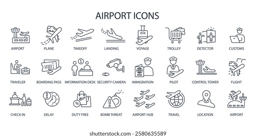 Airport icon set.vector.Editable stroke.linear style sign for use web design,logo.Symbol illustration.