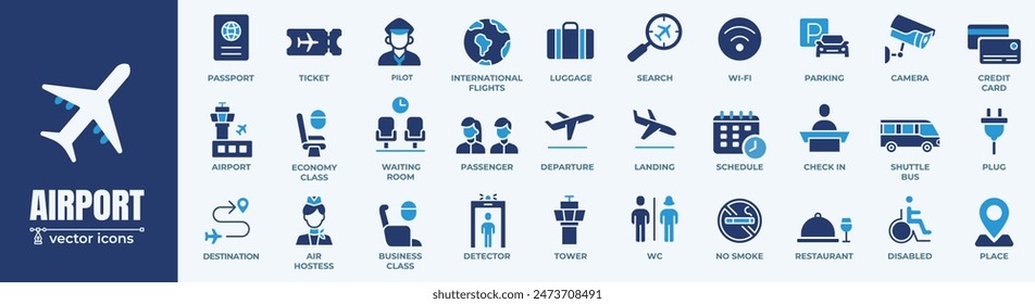 Icono del aeropuerto Vector trazo negro y fondo blanco conjunto. Contiene iconos de contorno como Avión, Billete, Equipaje, Asiento, Wifi, Bolsa, Salida, Terminal, Pasaporte, Transporte, Equipaje y Avión. 