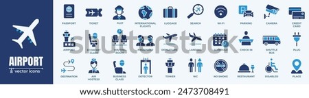 Airport icon vector black stroke and white background set. Contains  outline icons like Plane, Ticket, Baggage, Seat, Wifi, Bag, Departure, Terminal, Passport, Transport, Luggage, and Airplane. 