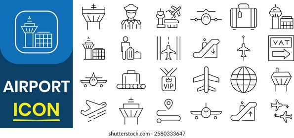 Airport icon, vector collection. Plane, Ticket, Baggage, Seat, WIFI, Bag, Departure, Terminal, Passport, Transport, Luggage, boarding pass, passenger, airport tower. Vector illustration.