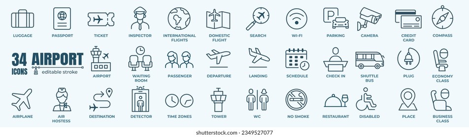 Airport icon vector line set. Contains linear outline icons like Plane, Ticket, Baggage, Seat, Wifi, Bag, Departure, Terminal, Passport, Transport, Luggage, and Airplane. Editable stroke