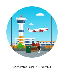 Airport Icon , View of a Flying Airplane and Control Tower through the Window from a Waiting Room with Woman and Luggage , Air Travel and Tourism Concept, Flat Design, Vector Illustration