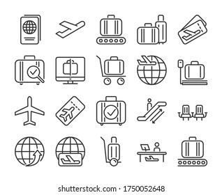 Airport icons. Airport and Air Travel line icon set. Vector illustration. Editable stroke.